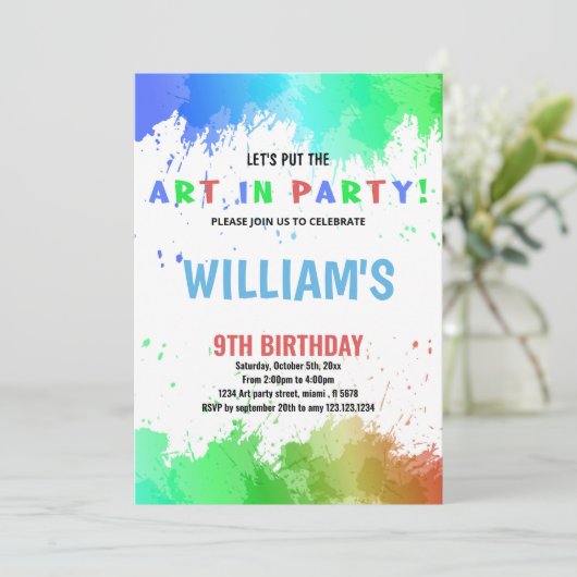 Blue Art in Party Paint Birthday Einladungen (Stehend Vorderseite)