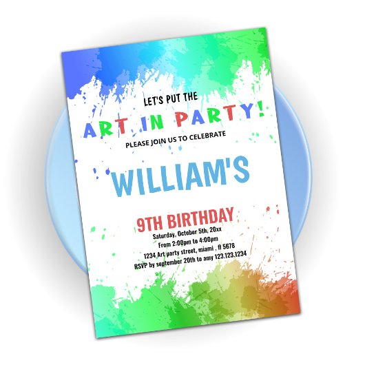 Blue Art in Party Paint Birthday Einladungen