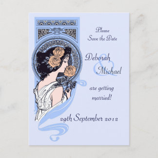 Blue Art Nouveau Save the Date Postkarte
