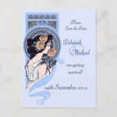 Blue Art Nouveau Save the Date Postkarte (Vorderseite)