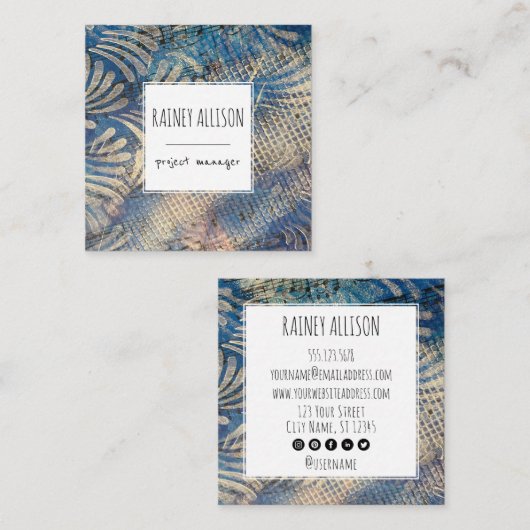 Blue Artistic Funky Music Theme with Social Icons Quadratische Visitenkarte (Vorne/Hinten)