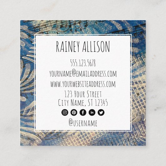 Blue Artistic Funky Music Theme with Social Icons Quadratische Visitenkarte (Rückseite)