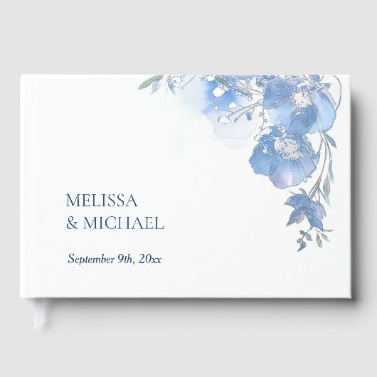 Blue Artistic Watercolor Floral Wedding Gästebuch (Vorderseite)