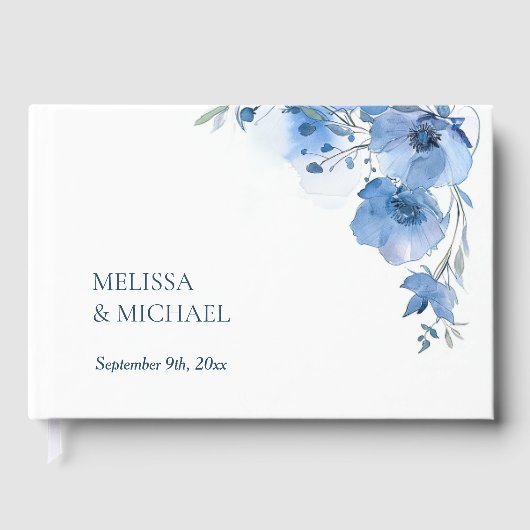 Blue Artistic Watercolor Floral Wedding Gästebuch (Vorderseite)