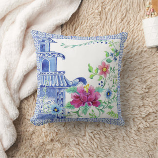 Blue Asian Influenza Chinoiserie Floral Pagoda Kissen