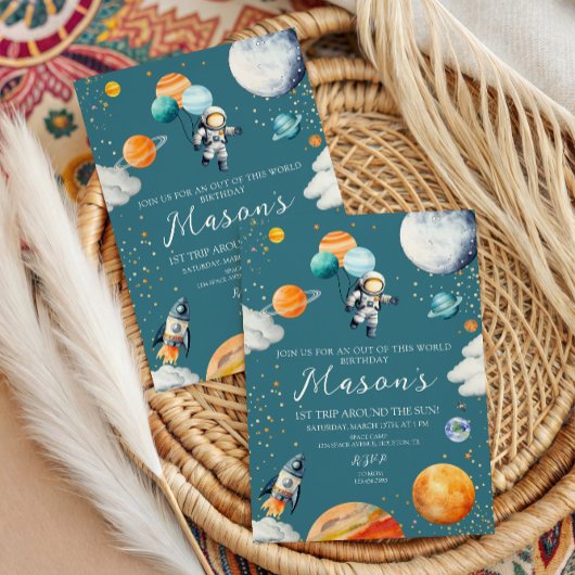 Blue Astronaut Balloon Planets 1st Trip Around Einladung