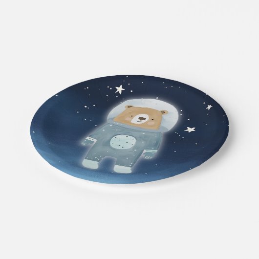 Blue Astronaut Bear Space Baby Dusche Pappteller (Schrägansicht)