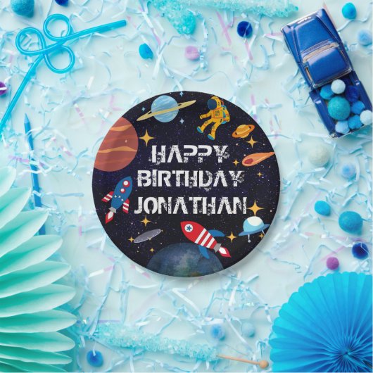 Blue Astronaut Birthday Planets Name Pappteller (Party)