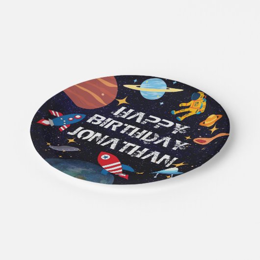 Blue Astronaut Birthday Planets Name Pappteller (Schrägansicht)