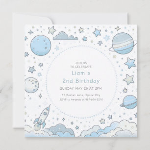 Blue Astronaut Outer Space Rocket Kindergeburtstag Einladung