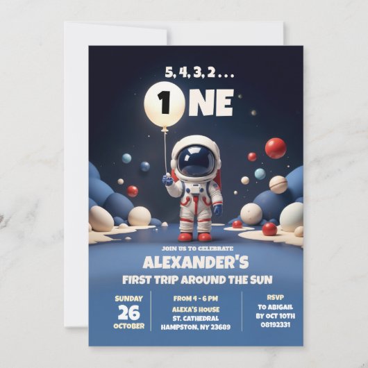 Blue Astronaut Outerspace First Birthday Boy Einladung (Vorderseite)