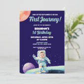 Blue Astronaut Space Foto 1. Geburtstag Einladung (Stehend Vorderseite)