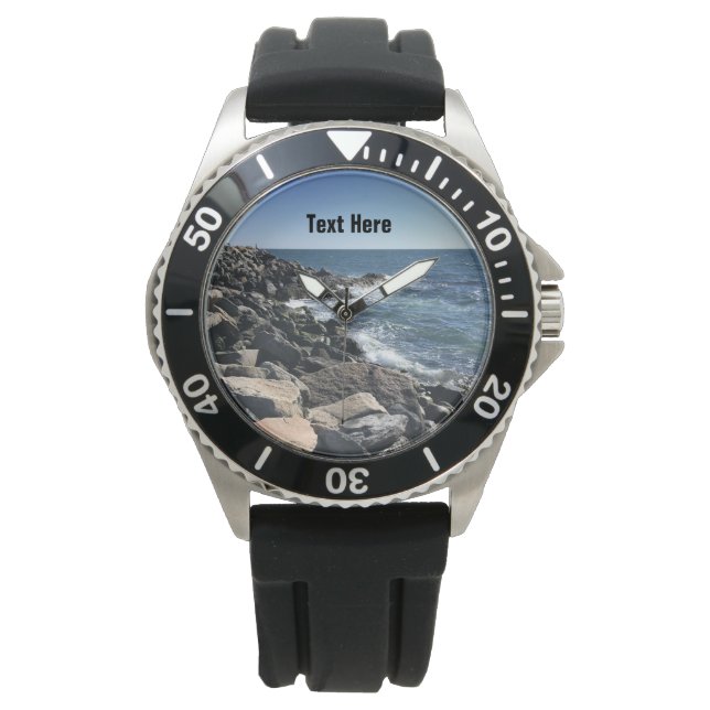 Blue Atlantic Ocean Wavy Rocky Seashore Küste Armbanduhr (Vorderseite)