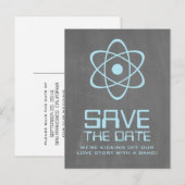 Blue Atomic Chalkboard Save the Date Postkarte (Vorne/Hinten)