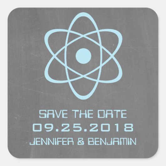 Blue Atomic Chalkboard Save the Date Stickers (Vorderseite)