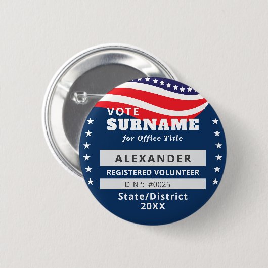 Blue Authorized Volunteer Election Campaign ID Button (Vorne & Hinten)