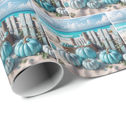 Blue Autumn Beach Pumpkins Geschenkpapier (Rolleneckpunkt)