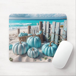 Blue Autumn Beach Pumpkins Mousepad