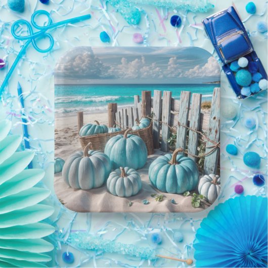Blue Autumn Beach Pumpkins Pappteller (Party)