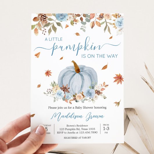 Blue Autumn Little Pumpkin Baby Shower Einladung