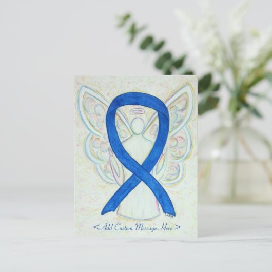 Blue Awareness Ribbon Angel Custom Art Postkarte (Stehend Vorderseite)