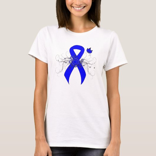 Blue Awareness Ribbon mit Butterfly T-Shirt (Vorderseite)