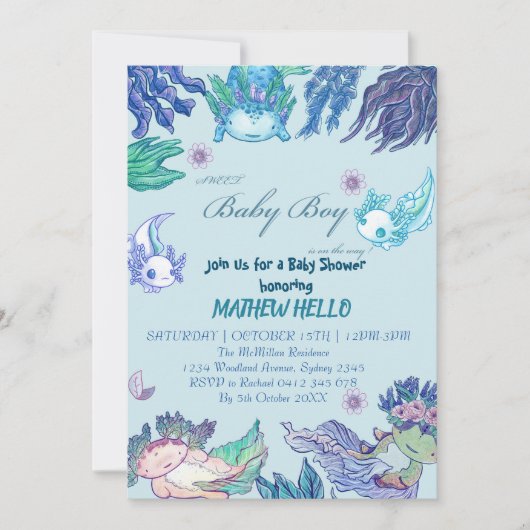 BLUE AXOLOTL Kinderdusche Einladung BOY (Vorderseite)