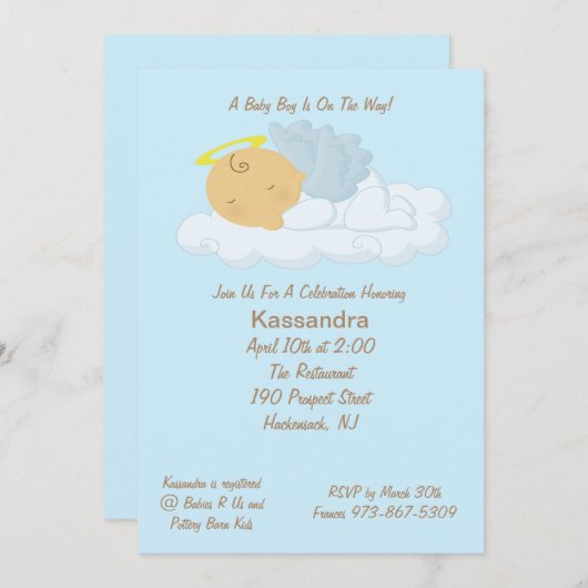 Blue Baby Angel Baby Dusche Einladung (Vorne/Hinten)