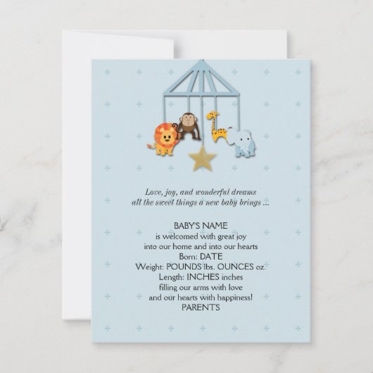 Blue Baby Animal Mobile Baby Ankündigung (Vorderseite)