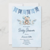 Blue Baby Bear & Balloons Babydusche Einladung (Vorderseite)