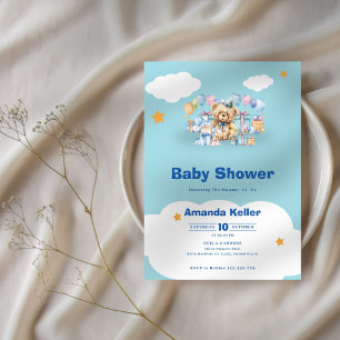 Blue Baby Bear in Clouds Baby Shower Einladung