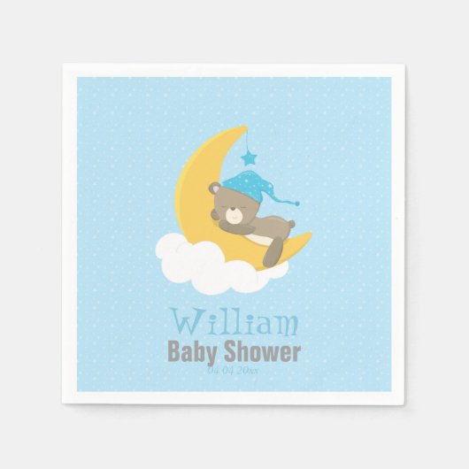 Blue Baby Bear Schlafen auf dem Mond - Babydusche Serviette (Vorderseite)