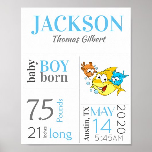 Blue Baby Birth Stat Sign mit Baby Shark Poster (Vorne)