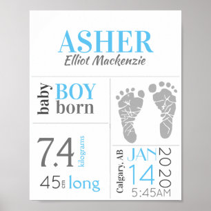 Blue Baby Birth Stat-Zeichen mit Fußabdruck Poster