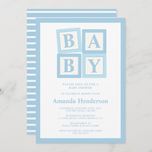 Blue Baby Blocks Boy Baby Dusche Einladung (Vorne/Hinten)
