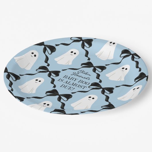 Blue Baby Boo Almost Due Geister und Black Bows Pappteller (Schrägansicht)