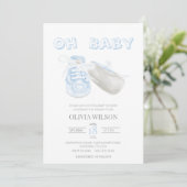Blue Baby Bootie Watercolor Baby Shower Einladung (Stehend Vorderseite)