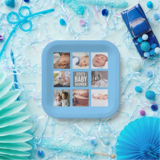 Blue Baby Boy Baby Dusche Foto Collage Pappteller (Party)
