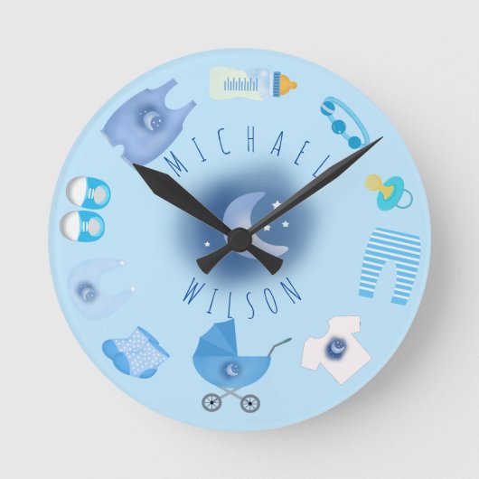 Blue Baby Boy Baby Stuffs Name Wall Clock Runde Wanduhr (Vorderseite)