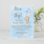Blue Baby Boy Bearly Wait Teddy Bear Baby Dusche Einladung (Stehend Vorderseite)