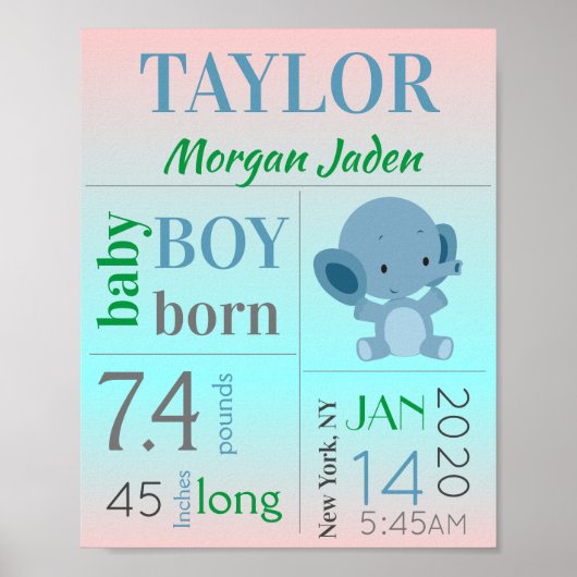 Blue Baby Boy Birth Stat Schild mit Elephant (Vorne)