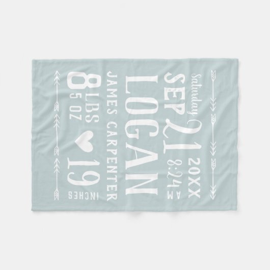 Blue Baby Boy Birth Stats Keepake Fleecedecke (Vorderseite (Horizontal))