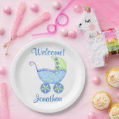 Blue Baby Boy Buggy Begrüßungsname Personalisiert Pappteller (Party)