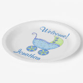 Blue Baby Boy Buggy Begrüßungsname Personalisiert Pappteller (Schrägansicht)