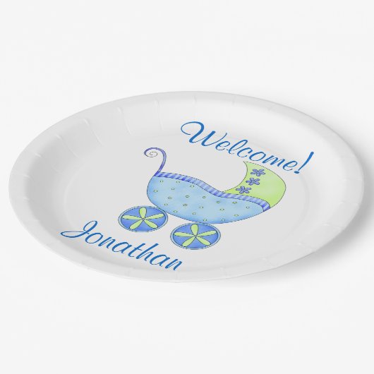 Blue Baby Boy Buggy Begrüßungsname Personalisiert Pappteller (Schrägansicht)