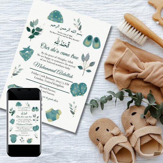Blue Baby Boy Closing Muslim Baby Birth Announce Einladung