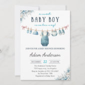 Blue Baby Boy Clothesline Baby Dusche Einladung (Vorderseite)