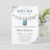 Blue Baby Boy Clothesline Baby Dusche Einladung (Stehend Vorderseite)