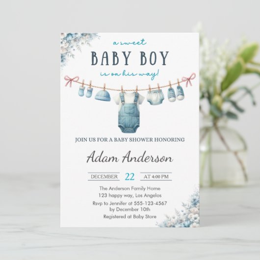 Blue Baby Boy Clothesline Baby Dusche Einladung (Stehend Vorderseite)