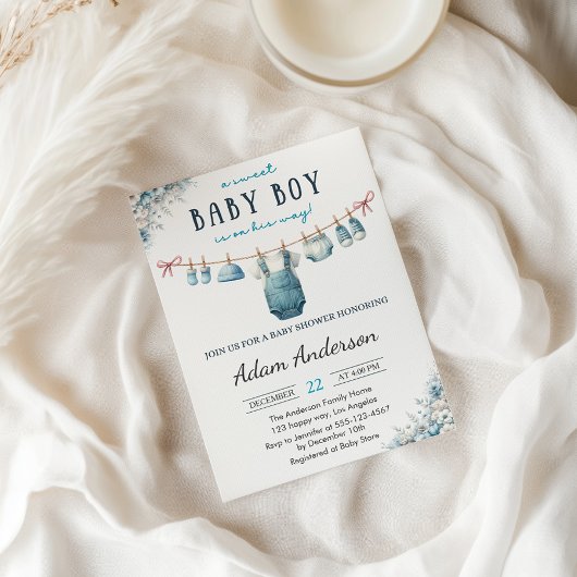 Blue Baby Boy Clothesline Baby Dusche Einladung